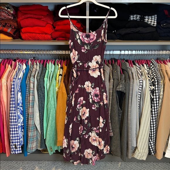 Becool aubergine/pink floral adjustable strap belted high low midi dress size S - Picture 3 of 3